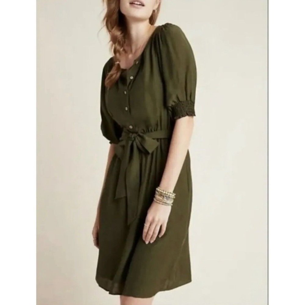Anthropologie Shirt Dress Womens Small Nicole Linen Blend Green Puff Sleeve - Picture 2 of 14
